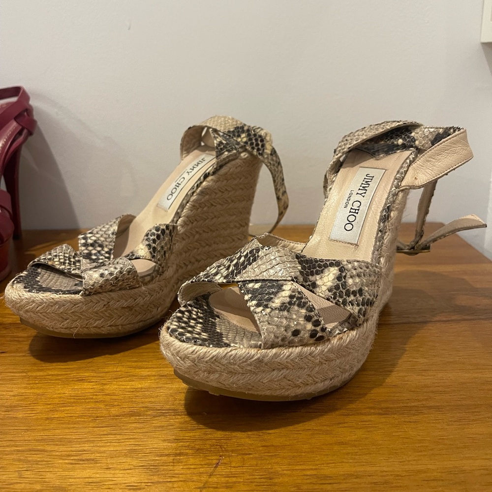 Jimmy Choo Skakeskin Leather Espadrille Wedges Ankle Strap Sandal